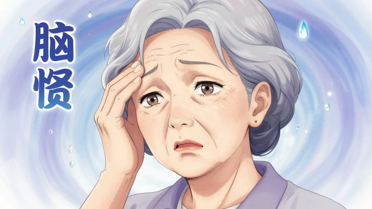 Confused elderly woman surrounded by abstract swirls and water droplets