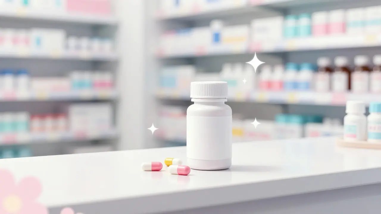 Generic antibiotic medication on a pharmacy counter with decorative sparkles