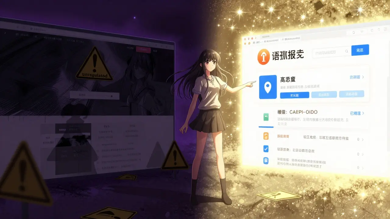 Manga scene contrasting a dangerous unregulated pharmacy site with a safe, verified one.