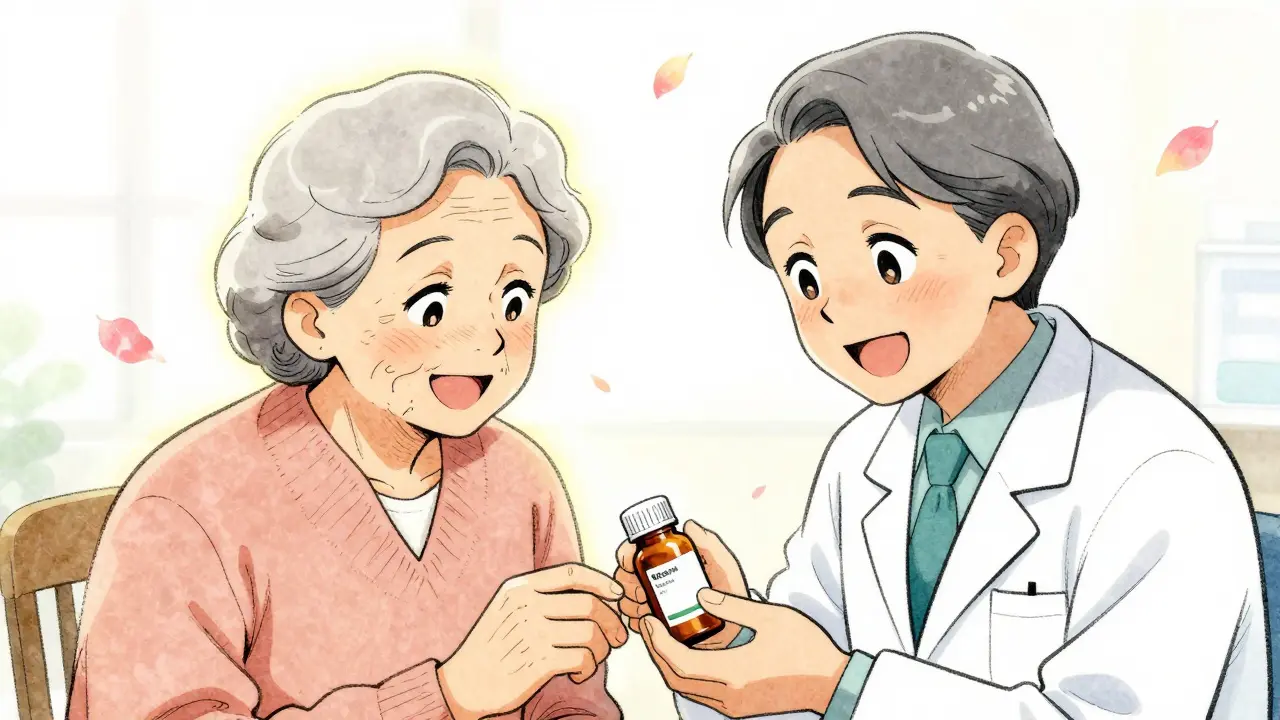 Pharmacist and senior patient smiling over affordable medication in shoujo style