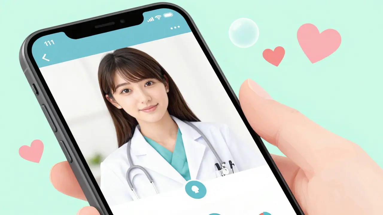 Shoujo manga illustration of a patient having a supportive telehealth call on a smartphone.
