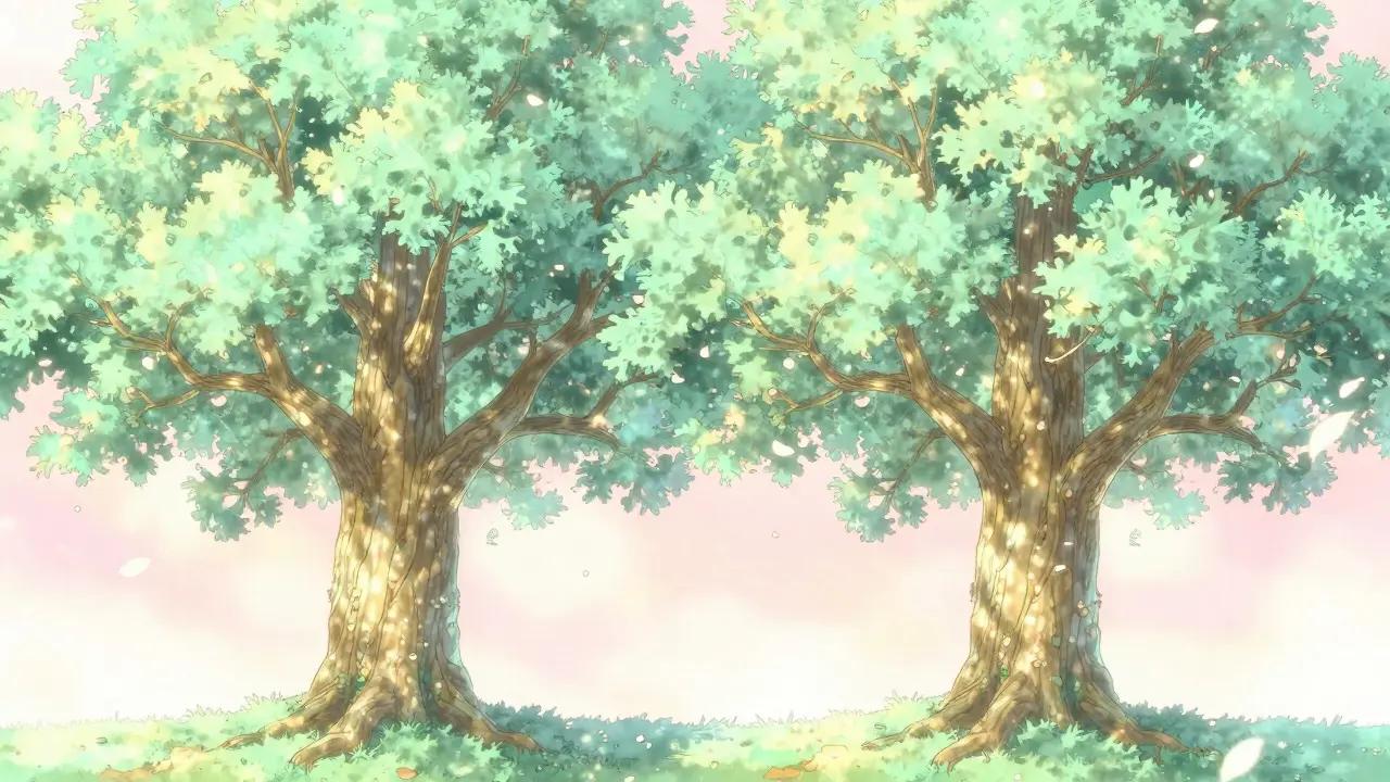 Two similar glowing oak trees in a dreamy landscape symbolizing biosimilarity.