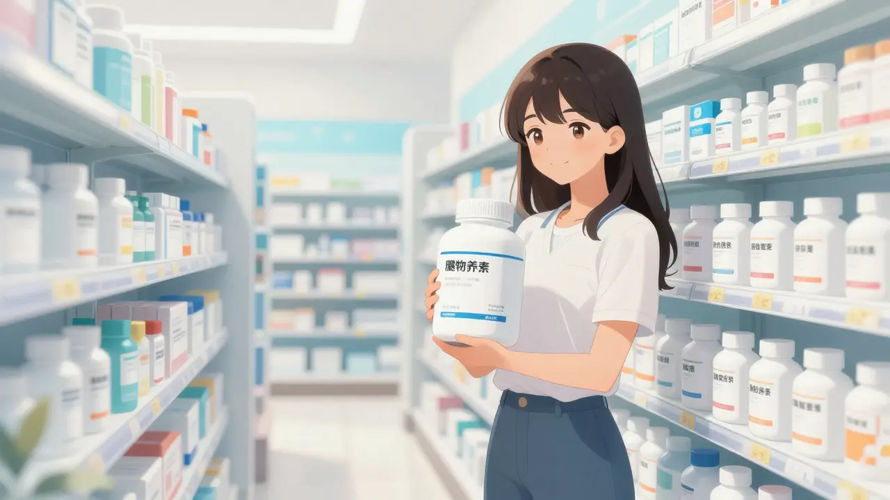 Woman happily holding a bulk bottle of generic medicine in a pharmacy