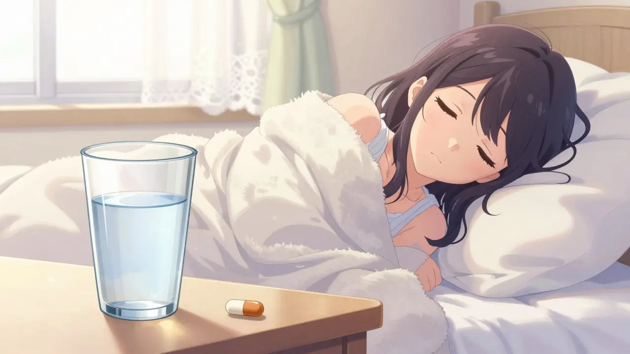 Woman resting in bed with a glass of water and medication on the nightstand