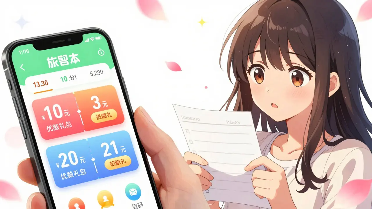 Woman using a price comparison app for medicine in shoujo manga style